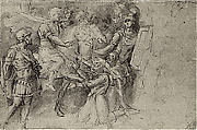 A Winged Figure, two Women, and a Man, Biagio Pupini (Italian, born Bologna, active 1511–51) (?), Pen and brown ink, brush and brown and gray wash, heightened with white on blue paper.