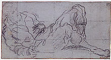 Reclining Male Figure, Jacopo Tintoretto (Jacopo Robusti) (Italian, Venice 1518/19–1594 Venice), Black chalk on blue paper; squared in black chalk.