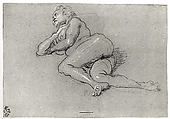 Reclining Female Nude, Domenico Tintoretto (Italian, Venice 1560–1635 Venice), Black and white chalk on blue paper
