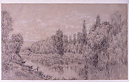 Landscape along a River, Charles-François Daubigny  French, Black and white chalk on papier bleute, faded to tan