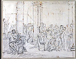 Study for The Lictors Bringing Brutus the Bodies of his Sons, Jacques Louis David (French, Paris 1748–1825 Brussels), Black chalk and brown ink on paper