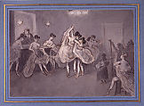 Women Dancing in a Brothel, Constantin Guys (French, Flushing 1802–1892 Paris), Brown ink and gray wash on off-white, heavy wove paper mounted on cardboard