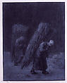 Women Carrying Faggots, Jean-François Millet (French, Gruchy 1814–1875 Barbizon), Charcoal heightened with white gouache, charcoal border, on heavy laid gray-blue paper