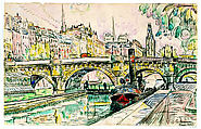 Tugboat at the Pont Neuf, Paris, Paul Signac (French, Paris 1863–1935 Paris), Watercolor and black crayon