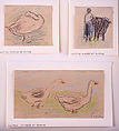 Three Sketches-Two Geese Walking; Peasant Woman with a Cow; Goose Hiding its Head, Alfred Sisley (British, Paris 1839–1899 Moret-sur-Loing), Three separate sheets of varying sizes, with the same mediums and supports: graphite and colored crayon on buff wove paper, darkened