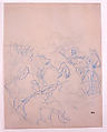 Sketch of Two Groups Fighting, Théophile-Alexandre Steinlen  French, born Switzerland, Blue crayon on buff wove paper, impressed with woven texture