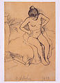 After the Bath, Suzanne Valadon (French, Bessines-sur-Gartempe 1865–1938 Paris), Black crayon on tan wove paper (possibly lithograph transfer paper), back with white rice paper for conservation