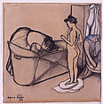 Before the Bath, Suzanne Valadon (French, Bessines-sur-Gartempe 1865–1938 Paris), Charcoal, colored and white chalk, with linear charcoal border on all edges, on dark buff wove paper mounted on board