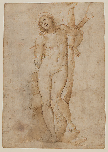 Saint Sebastian (recto); sketches of a male head and a standing figure in a short cape; a copy of the figure on the recto (verso) by Sodoma (Giovanni Antonio Bazzi)