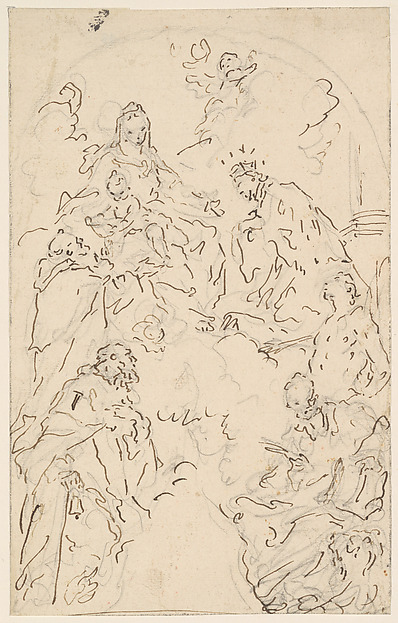 The Virgin and Child Enthroned on a Cloud, with Saints Dominic, John Nepomuk, Sebastian, Mark, and Anthony Abbot by Giuseppe Diziani
