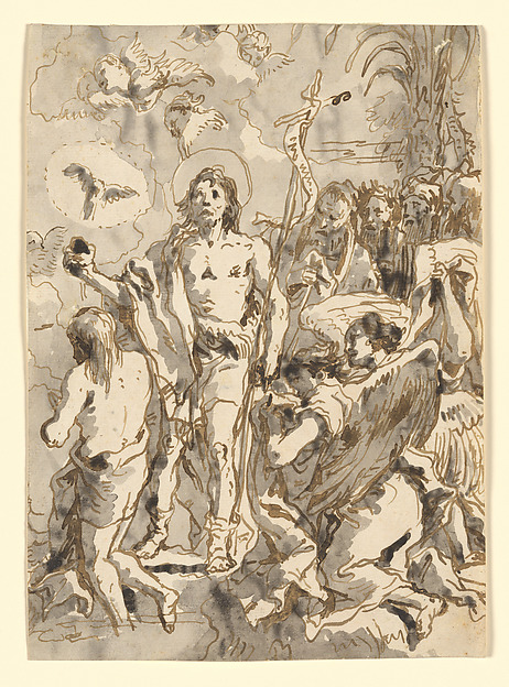 The Baptism of Christ (with Christ Half-Kneeling at Left, His Back Turned, and the Baptist Full-Faced at Center, Looking Up) by Giovanni Domenico Tiepolo