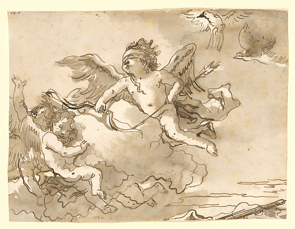 Cupid Blindfolded, on a  Cloud Supported by Two Attendant Putti