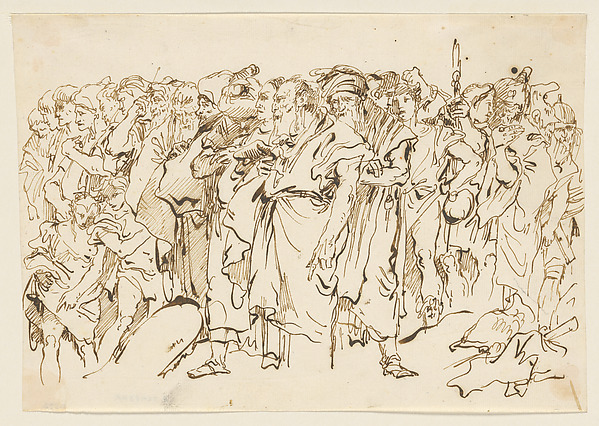A Crowd of Ancient Warriors, Orientals, and Two Boys, Gathering for a Sacrifice