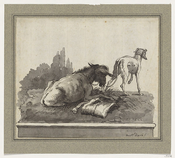 A Donkey Lying on the Grass, with an Italian Greyhound (on a Base)