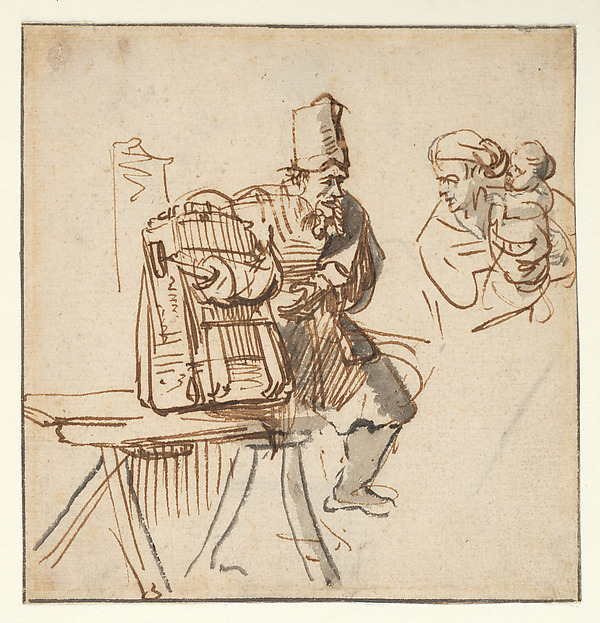 A Hawker Showing an Animal in a Cage to a Woman and Her Child
