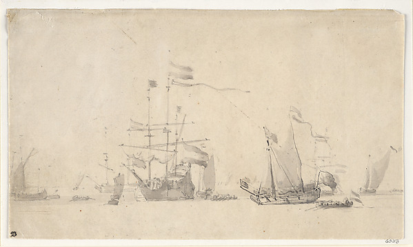 Dutch Ships at Anchor with a Yacht Lying Head to the Wind
