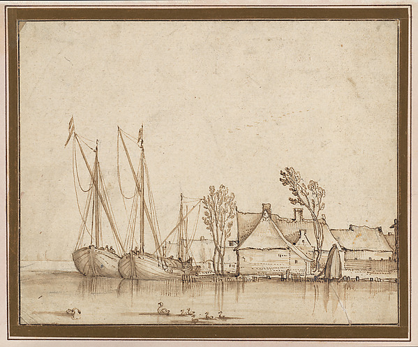 Barges Moored by Cottages