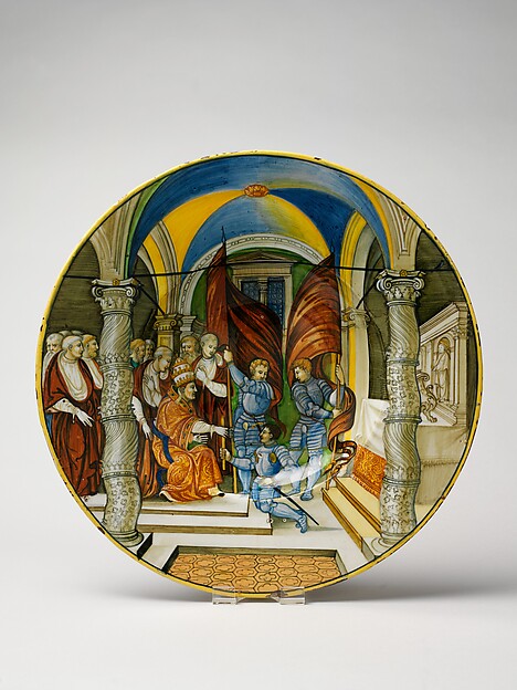 Large Dish (tagliere): Pope Leo X presenting a baton to Federigo II Gonzaga, marquis of Mantua, on his appointment as captain general of the Church in 1521.