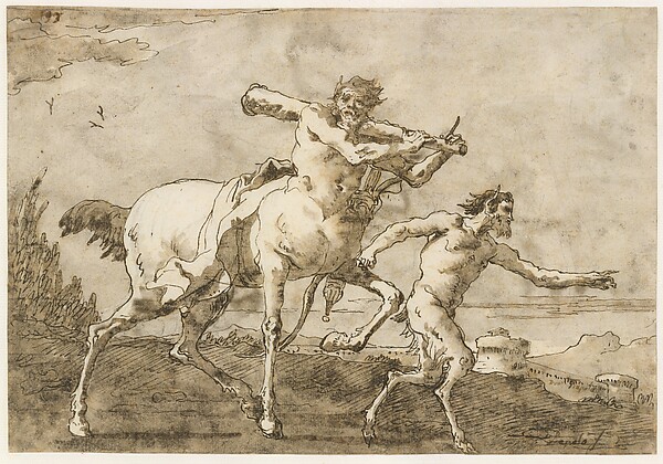 Satyr Leading a Centaur, Who Carries a Club, Bow and Quiver, Outside the Walls of a City
