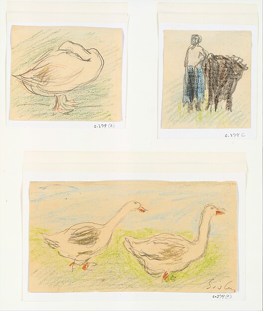 Three Sketches-Two Geese Walking; Peasant Woman with a Cow; Goose Hiding its Head
